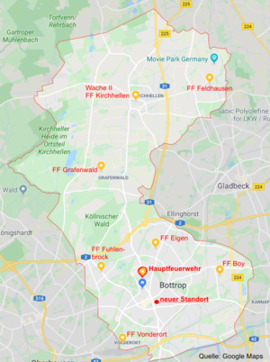 Bottrop mit den Standorten aller Feuerwachen